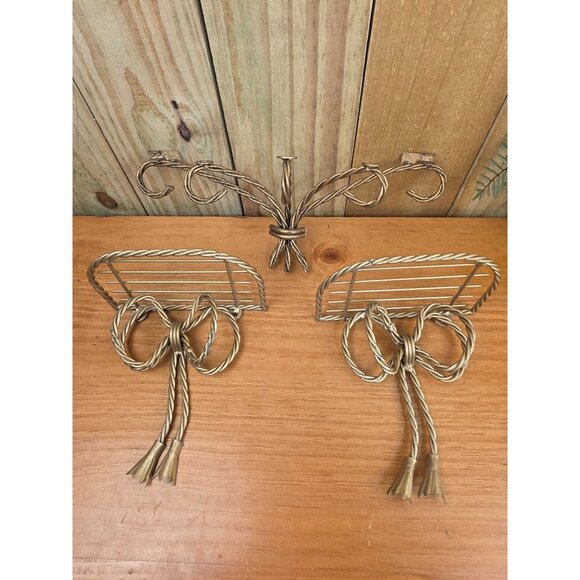 Gold-Toned Twisted Metal Wall Hooks & Shelf Set With Bow Design - Picture 2 of 8